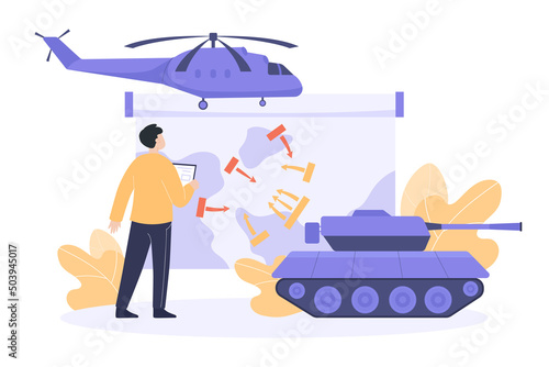 Man looking at combat map flat vector illustration. Tank weapon system and helicopter. War strategy or tactics, conflict of nations, analysis of military operation concept
