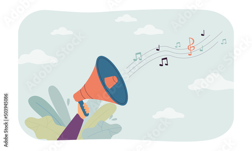 Hand holding megaphone with notes flat vector illustration. Music, entertainment, audio, volume, broadcasting, announcement concept for banner, website design or landing web page