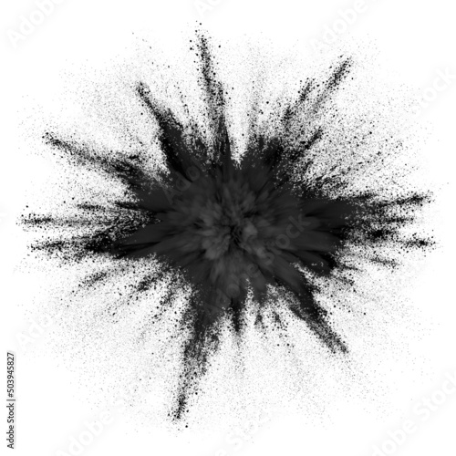 Charcoal powder explosion background. Black explosive smoke splatter on white background. Black explode of coal dust cloud