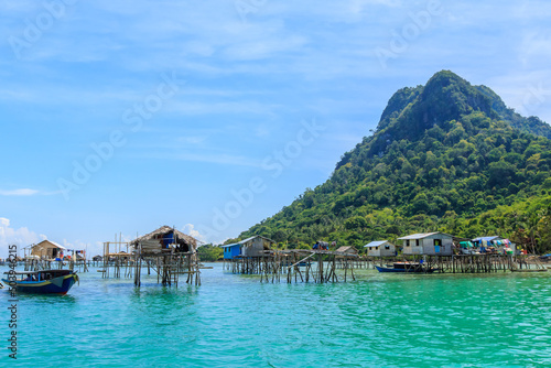 Beautiful landscapes view borneo sea gypsy water village in Bodgaya Mabul Island  Semporna Sabah  Malaysia.
