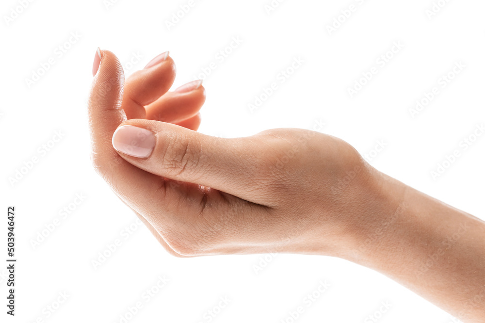 Female hand with soft skin and beautiful french manicure on white background Female hand with soft skin and beautiful french manicure on white background