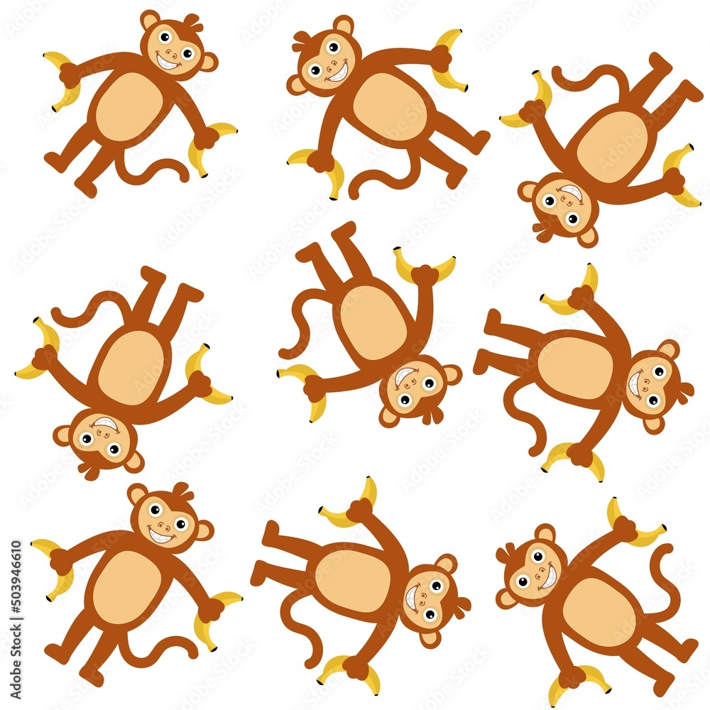 Fototapeta premium Decorative pattern with young smiling monkeys holding bananas on white color background