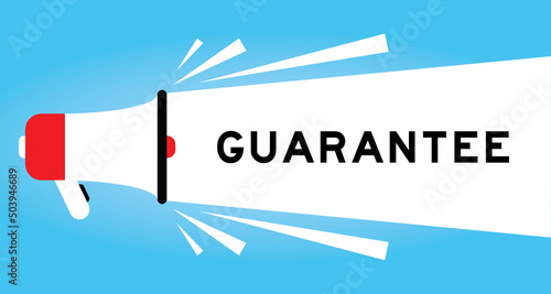 Color megphone icon with word guarantee in white banner on blue background
