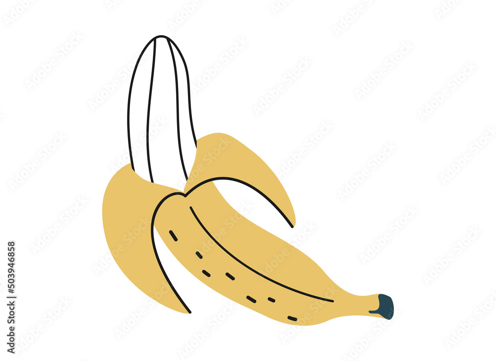 Hand drawn cute summer cartoon illustration of yellow banana in peel. Flat vector tropical fruit sticker in simple colored doodle style. Exotic food icon or print. Isolated on white background. Hand drawn cute summer cartoon illustration of yellow banana in peel. Flat vector tropical fruit sticker in simple colored doodle style. Exotic food icon or print. Isolated on white background.
