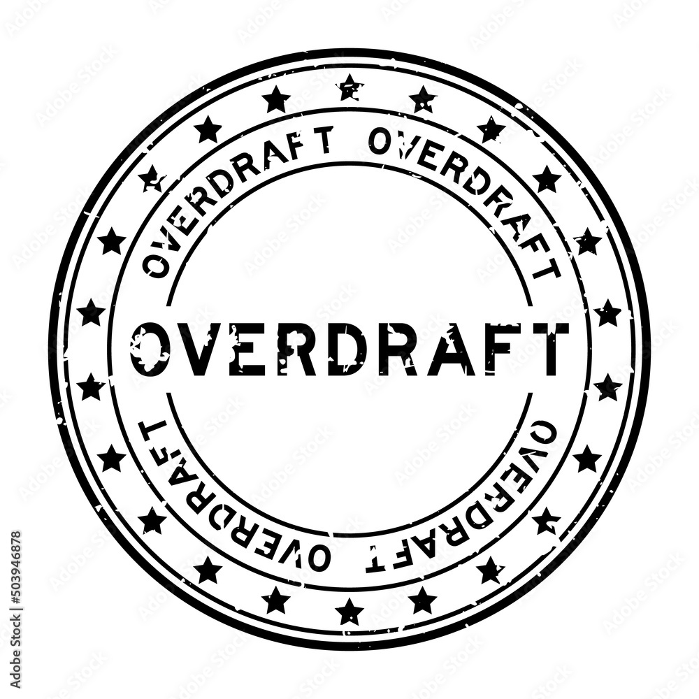 Grunge black overdraft word with star icon round rubber seal stamp on white background