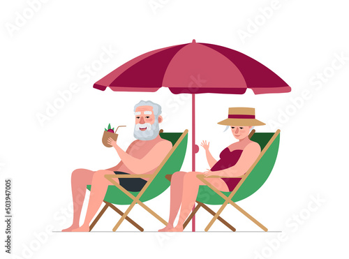 Elderly couple retired grandparents summer activity. Old people on loungers drinks cocktail and relax on sea beach. Senior persons sunbathe together on travel. Retired leisure relationships. Vector