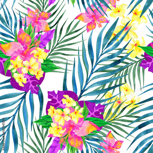 Summer tropical seamless pattern with exotic watercolor flowers
