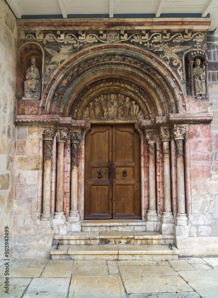 South portal of the Romanesque collegiate church Saint-Ursanne Abbey from the late 12th century, Saint Ursannen in Switzerland