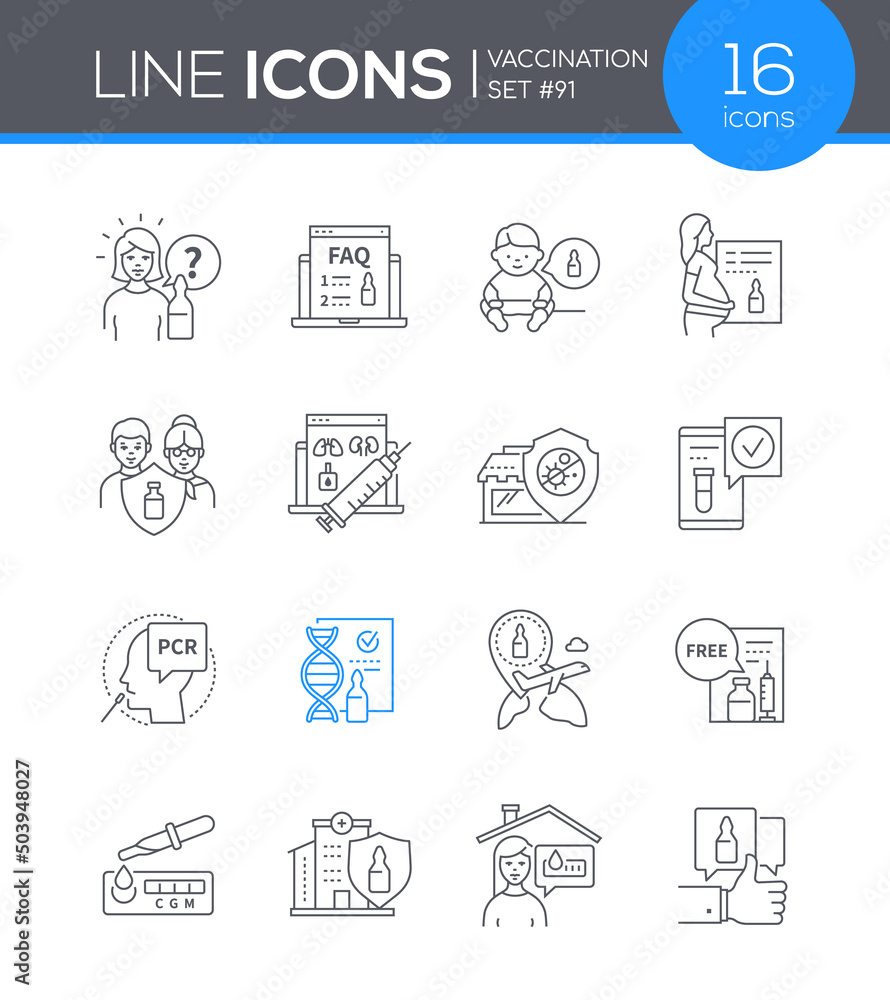 Vaccination and virus protection - line design style icons set