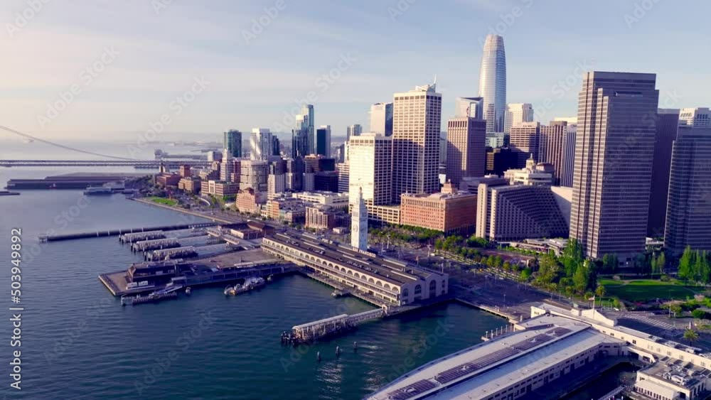 San Francisco skyline aerial cityscape flythrough over the Bay
