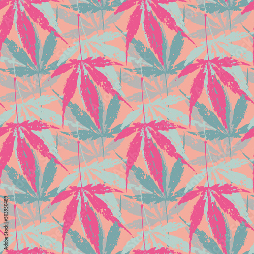Boston ivy seamless vector pattern background. Pink blue backdrop with blended leaf shapes. Painted grunge style brush stroke foliage botanical motifs. Parthenocissus Tricuspidata.Tropical vibe.
