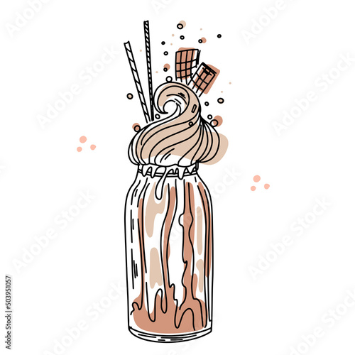 Milkshake with cream and straw. Cartoon chocolate coctail. Hand drawn line illustration. Vector black drawing with color.