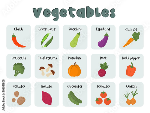 Flashcards for kids with inscription title vegetables. Kids preschool playing, learning activity. Educational cards for the development of logical thinking. Worksheet for preschoolers.