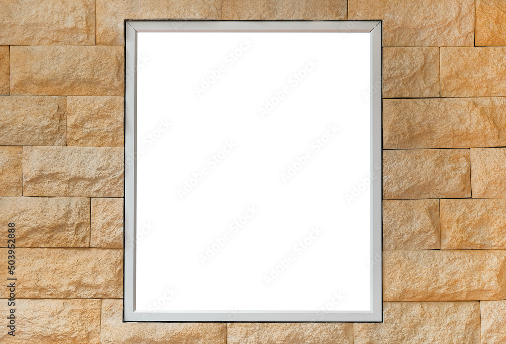 Fototapeta premium Billboard mock up on brick wall. Template of an interior empty information billboard, Mock-up of a banner placeholder and poster.