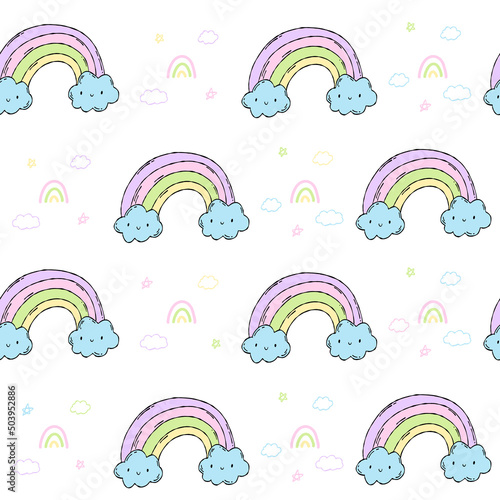 White pattern with rainbows the sky in the pastel stars. Children's textiles. Scrapbooking paper for kids.