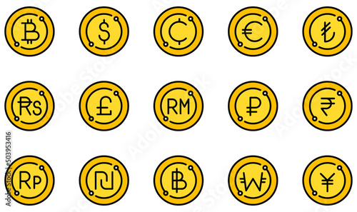 Set of Vector Icons Related to Currency. Contains such Icons as Bitcoin, Dollar, Cents, Euro, Pound, Baht and more.