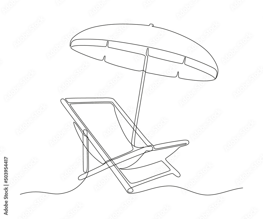 Fototapeta premium Beach umbrella and chair for summer holiday, continuous one line drawing. Beach chaise longue and sunshade. Summertime relax on deck chair on coast of sea. Relaxation equipment. Vector outline
