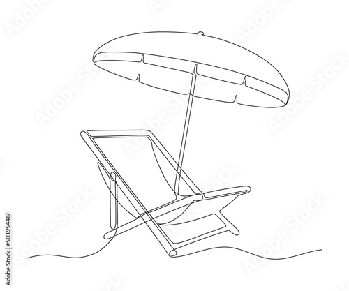 Beach umbrella and chair for summer holiday, continuous one line drawing. Beach chaise longue and sunshade. Summertime relax on deck chair on coast of sea. Relaxation equipment. Vector outline