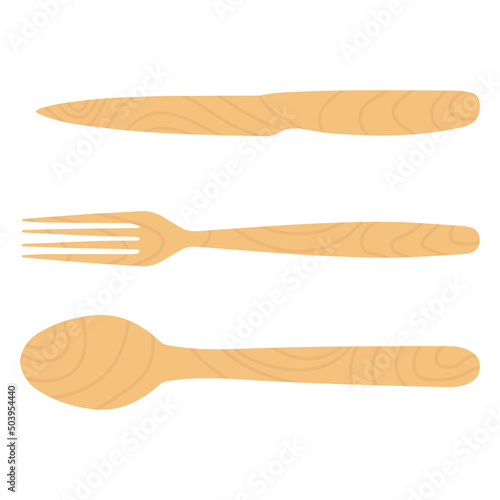 Wooden cutlery, disposable fork, spoon and knife isolated on white background. Kitchen utensil.
