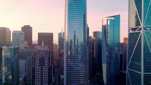San Francisco skyline aerial cityscape orbit flythrough over skyscrapers, California, USA