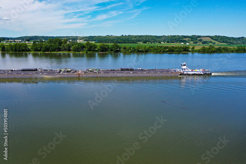 Canvas Print River barge traveling down the Ohio River by Cincinnati, Ohio and Northern Kentu