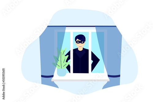 The thief tries to break into the house through the window. Modern isolated illustration of home protection. Modern human icon.