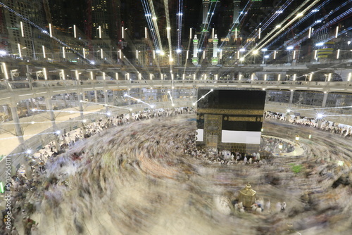 The view of Muslim people facing the centre of Kaaba perform Tawaf in Mecca Mosque in Mecca Saudi Arabia