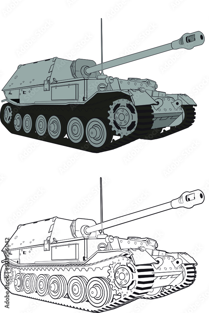 Vector image of a heavy German tank destroyer of the Second World War Ferdinand. Two options color and white