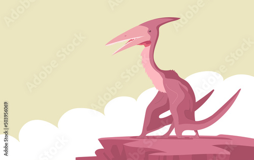 Ancient flying large pangolin pterosaur on top of a rock. Predatory dinosaur of the Jurassic period. Prehistoric animal. Vector illustration
