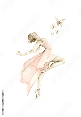 Watercolor dancing ballerina in pink dress. Isolated dancing ballerina. Hand drawn classic ballet performance, pose. Young pretty ballerina women illustration. Can be used for postcard and posters. 