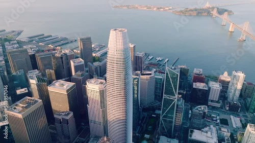 San Francisco skyline aerial cityscape orbit flythrough over skyscrapers, California, USA