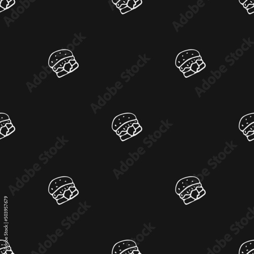Seamless pattern with burger icons. Black and white hamburger background. Doodle vector burger illustration