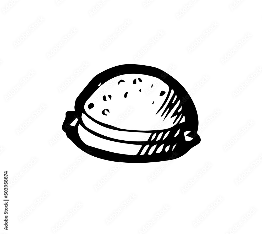 Fototapeta premium Baking buns and meat dishes. Hand drawing outline. Isolated on white background. Monochrome drawing. Vector