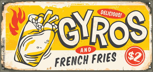 Gyros sign design for Greek fast food. Retro advertisement with delicious gyros graphic. Vector food illustration.