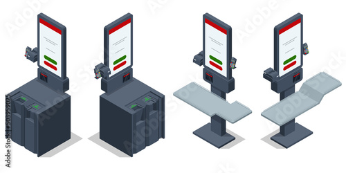 Isometric Self-service checkout. Self-checkout machines in a supermarket, Supermarket cashier checkout work place with card payment terminal