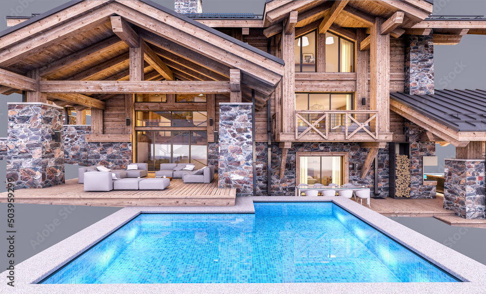 Fototapeta premium 3d rendering of modern cozy chalet with pool and parking for sale or rent. Massive timber beams columns. In the evening. Isolated on gray