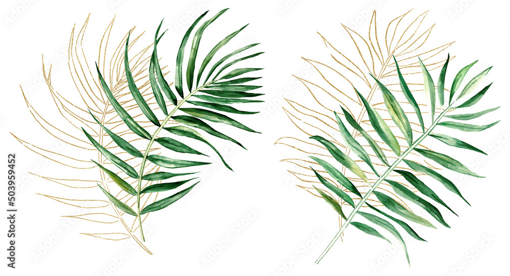 Green and Golden tropical watercolor palm leaves illustration