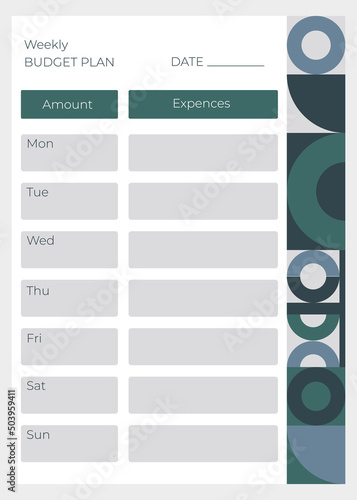 Weekly budget planner. Plan your day. Blank printable vertical notebook page. Money planner. Template for agenda, schedule, planners, checklists, notepads, postcards and other stationery.