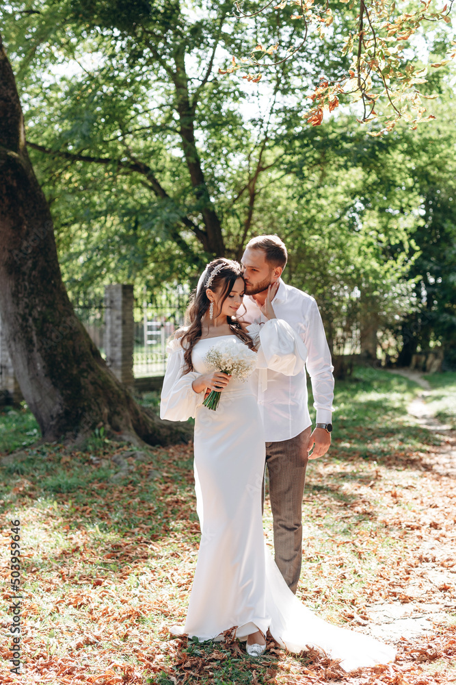 the groom kisses the bride on the forehead. on their wedding day. he is in a wedding suit she is in a white wedding dress. on the background of nature the groom kisses the bride on the forehead. on their wedding day. he is in a wedding suit she is in a white wedding dress. on the background of nature