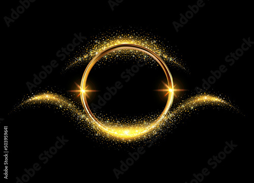 Gold circle of shiny stardust on a dark background. Shining gold frame. Glittering sequins and golden ring. Round border, frame.