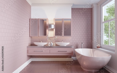 Modern style home interior bathroom is tiled with dark pink tiles. Square tiled floor with cabinet and mirror.3d rendering