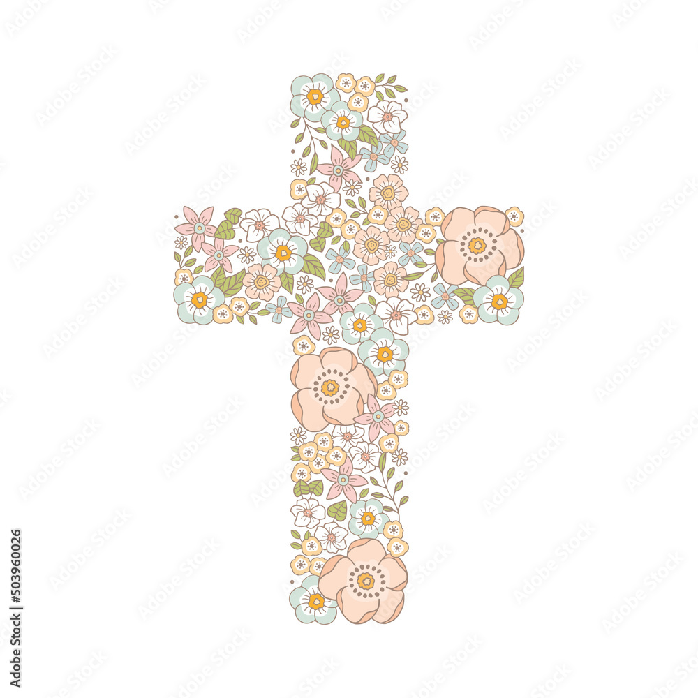 Catholic Christian Cross with flowers and leaves inside, First Communion cross, Christening