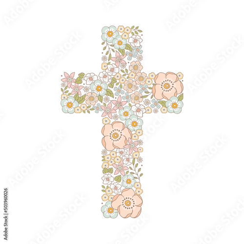 Fototapeta Catholic Christian Cross with flowers and leaves inside, First Communion cross,