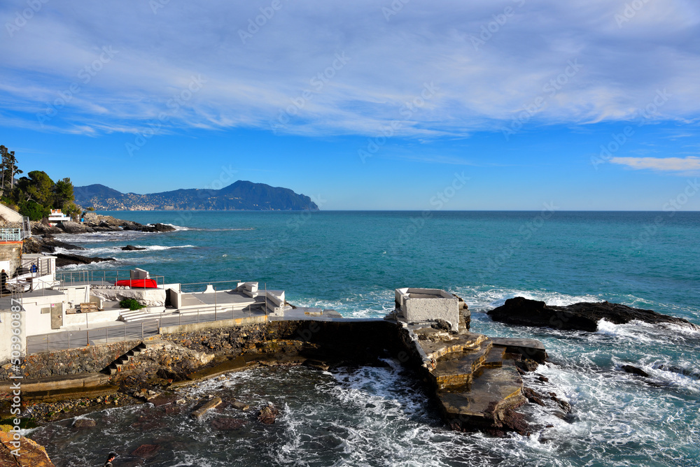 the coast of nervi and the panorama of the mount of Portofino Italy