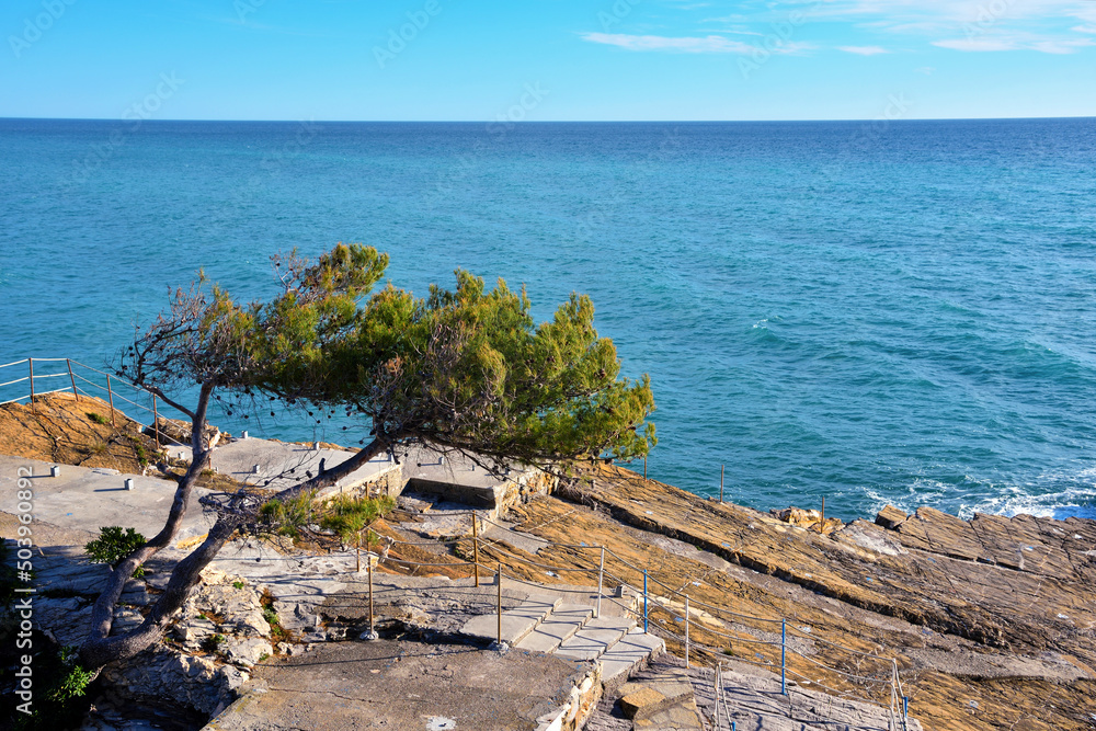 the coast of nervi seen from the sea promenade genoa italy