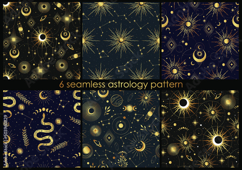 Set of vector magic seamless pattern with constellations, sun, moon and stars. Mystical esoteric background for design of fabric, packaging, astrology, case, yoga mat