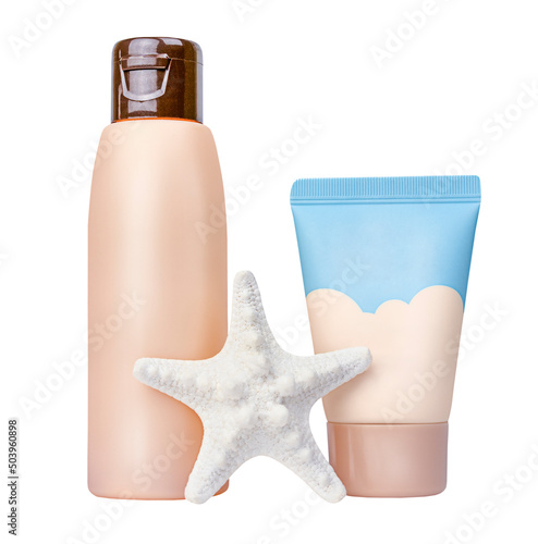 suntan cream, sunblock lotion and seashell isolated on white background