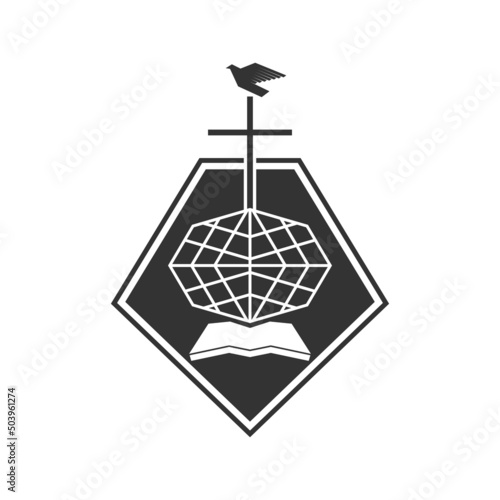 Christian illustration. Church logo. The cross of Jesus against the backdrop of a globe and an open bible, on top of a dove - a symbol of the Spirit.
