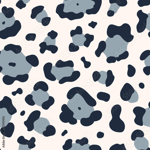 Leopard seamless pattern. Vector hand drawn wild animal cheetah skin, snow leopard texture with grey spots on white background for fashion leo print design, fabric, textile, wrapping paper, wallpaper