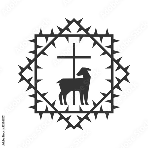 Christian illustration. Church logo. Crown of thorns, lamb and cross.